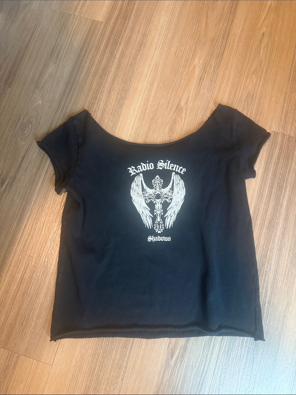 Brandy Melville Black Scoop-Neck Off shoulder Radio Silence Graphic Tee NWOT